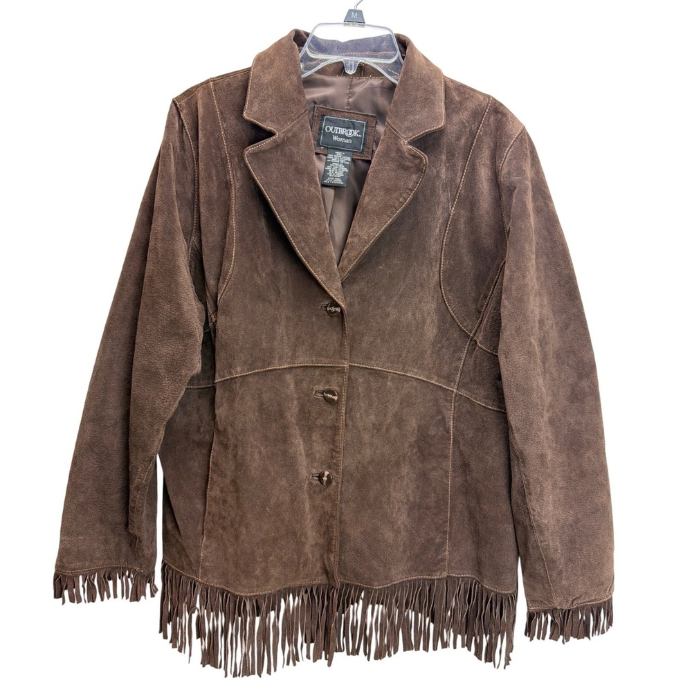 Vtg Outbrook Woman Brown Leather Fringed Jacket 1X Western Cowgirl Festival